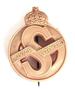 Ministry of Supply Salvage Steward red plastic faded economy badge