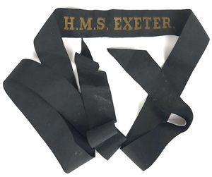 Royal Navy H.M.S. Exeter cap tally silk ribbon badge 118mm.