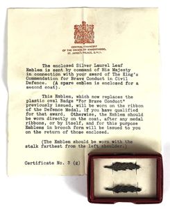 King's Commendation for Brave Conduct Silver Oak Leaf badges in …