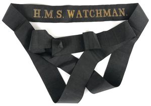 Royal Navy H.M.S. Watchman cap tally silk ribbon badge 120mm.