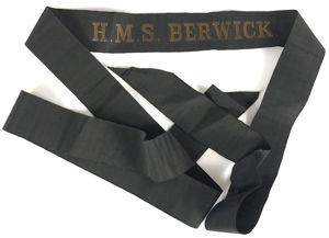 Royal Navy H.M.S. Berwick cap tally silk ribbon badge 122mm.