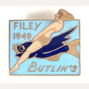 Butlins 1949 Filey Holiday Camp Girl Riding A Fish Badge