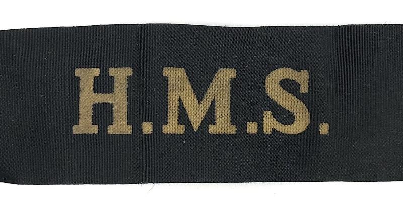 Royal Navy H.M.S. Wartime Economy Issue Printed Cap Tally Ribbon approx 90mm. — image 2