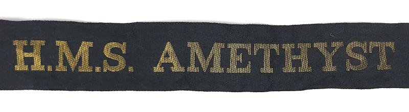 Royal Navy H.M.S. Amethyst cap tally silk ribbon badge approx 98mm. — image 2