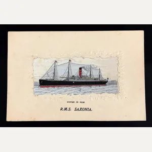 R.M.S. Saxonia Stevengraph woven silk postcard dated 1906