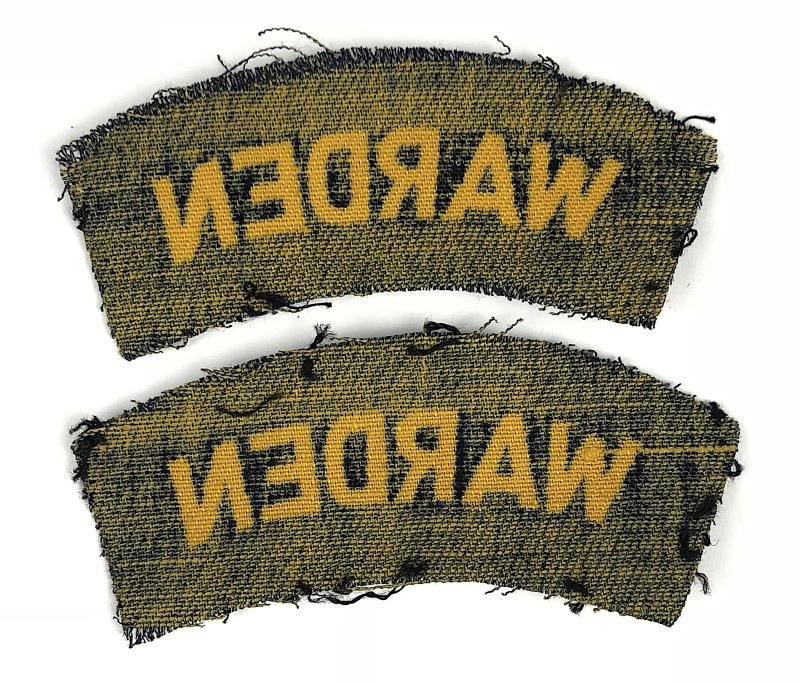 Civil Defence Warden Matching Pair of Printed Shoulder Titles Badges — image 2
