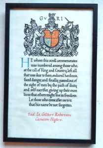 Framed WW1 Cameron Highlanders Officers Memorial Scroll