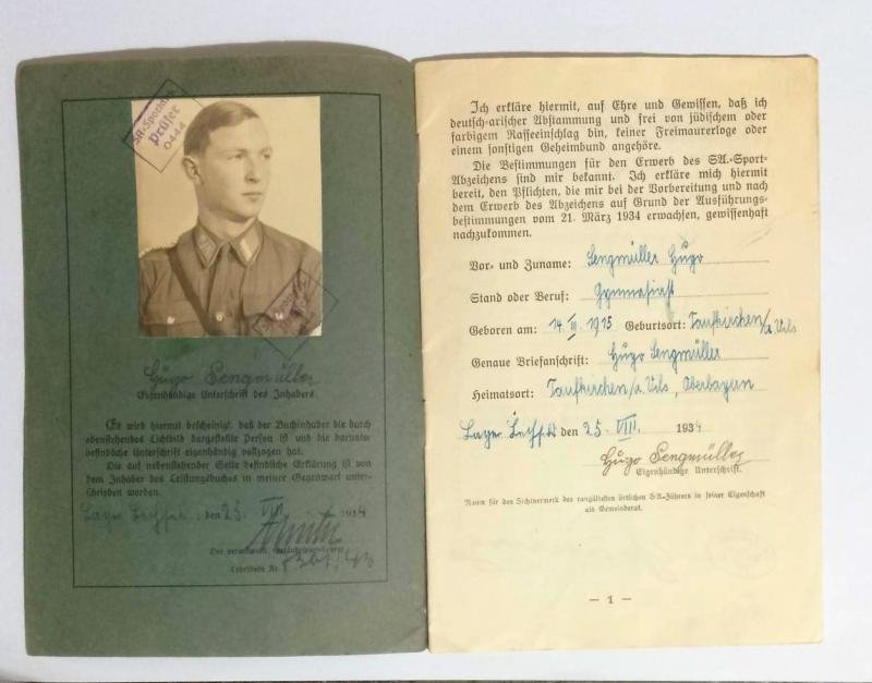 Third Reich S.A Sports Badge Award Booklet — image 3