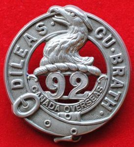Canadian Expeditionary Force 92nd Battalion Overseas cap badge