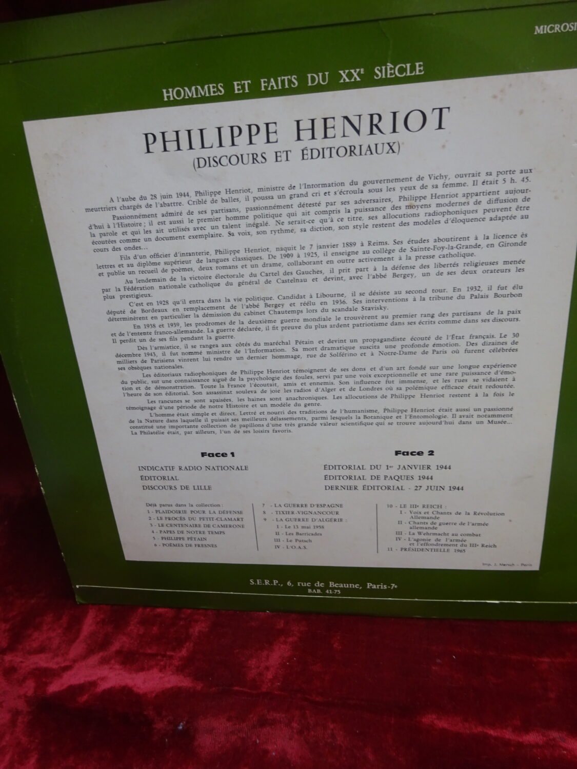 Disque 33 tours discours et allocutions de Philippe Henriot SERP — image 2