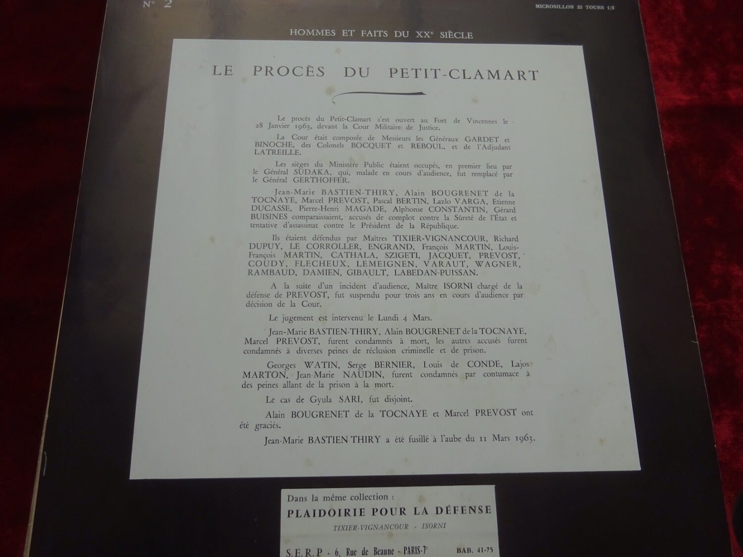 Disque 33 tours Procès de l'attentat OAS Petit Clamart SERP — image 2