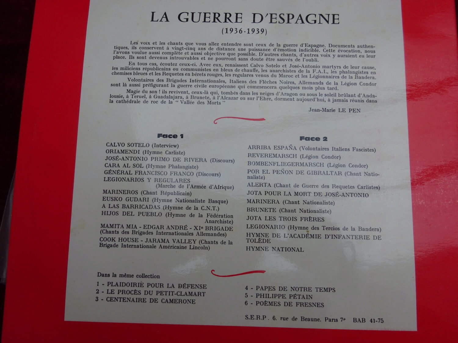 Disque 33 tours La Guerre d'Espagne 1936-1939 SERP — image 2