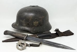 Outstanding Heer M40 KIA Camo Helmet, Bayonet and Badge Grouping