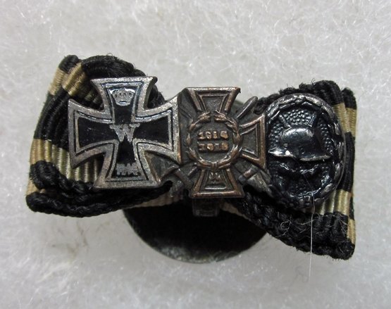  German WWI 3-Place Lapel Button Ribbon Bar, EK2, Hindenburg & Black Wound Badge — image 2