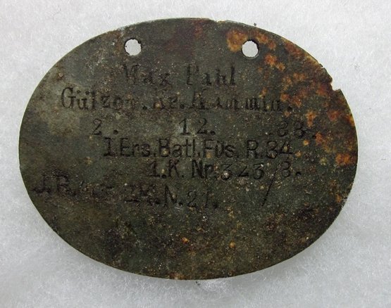  German WWI Identity Tag, Fusilier Rgt 34 — image 2