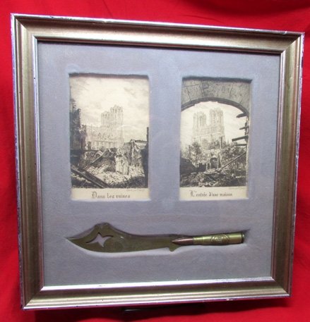  French WWI Reims Framed Trench Art Letter Opener & Cathedral Postcards — image 2