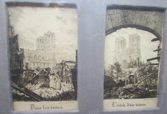  French WWI Reims Framed Trench Art Letter Opener & Cathedral Postcards — image 3