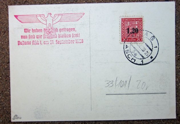  German WWII Postcard, Sudetenland 1938, Czech Cancellation — image 3