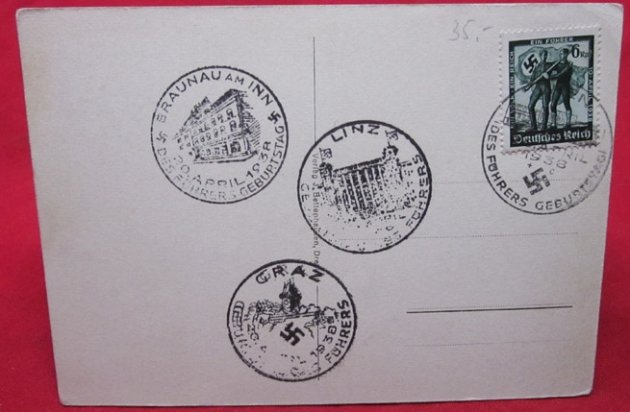  German WWII Postcard, Hitlers Birthday 1938, 4 Austrian Cancellations — image 3