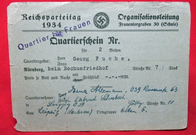  German WWII 1934 Reichsparteitag Women's Quarters Assignment Slip — image 2