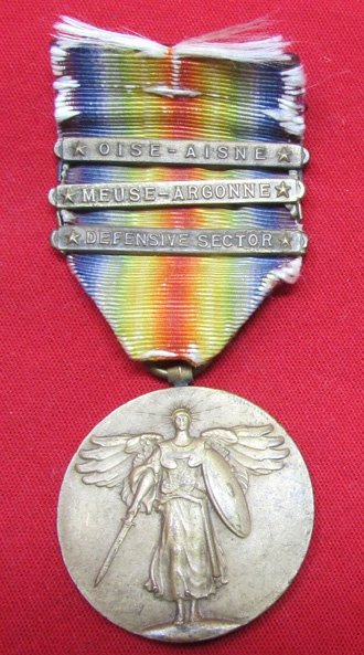  US WWI Victory Medal, 3 Clasps, Oise Aisne, Meuse-Argonne, Defense Sector — image 2