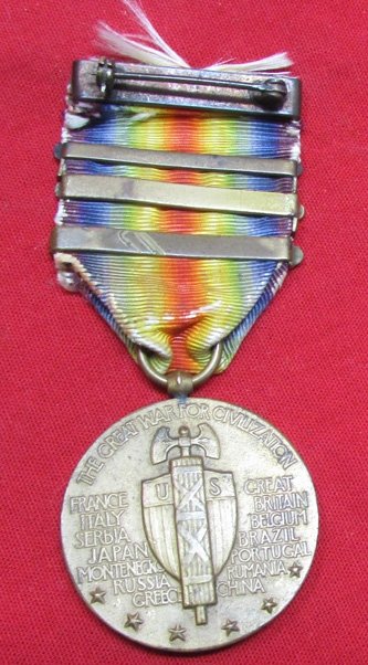  US WWI Victory Medal, 3 Clasps, Oise Aisne, Meuse-Argonne, Defense Sector — image 4