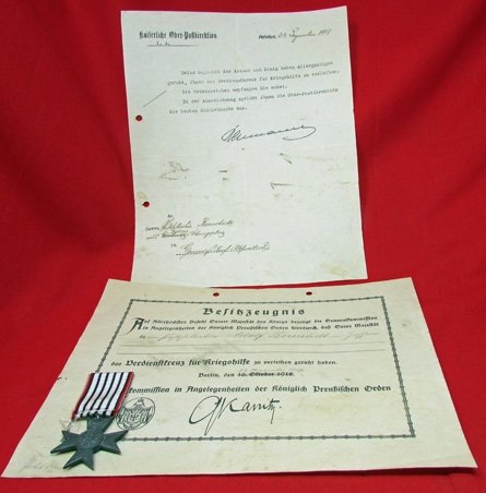  German WWI Prussian Medal for War Assistance & Documents, 1917 — image 2