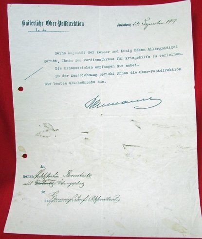  German WWI Prussian Medal for War Assistance & Documents, 1917 — image 3