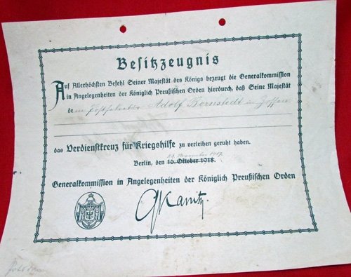  German WWI Prussian Medal for War Assistance & Documents, 1917 — image 4