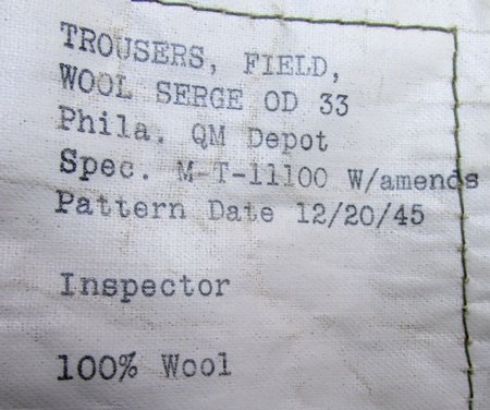  US WWII Army, Trousers, Field, Wool Serge, OD33, Phila QMD 1945 — image 6