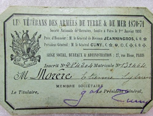  French Franco Prussian War Veterans Assocition Original Box, & Document & ID Card — image 5