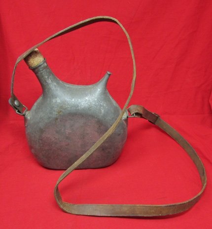  French WWI Metal Canteen, & Leather Shoulder Strap — image 2