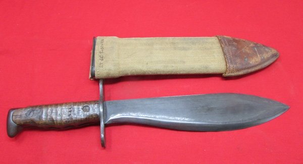  US WWI M1917 Bolo Knife, Plumb 1918, Canvas & Leather Scabbard, Named — image 4