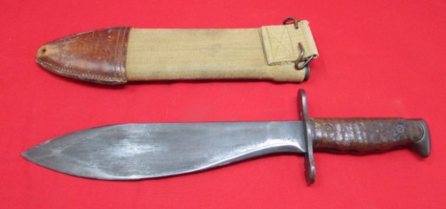  US WWI M1917 Bolo Knife, Plumb 1918, Canvas & Leather Scabbard, Named — image 7