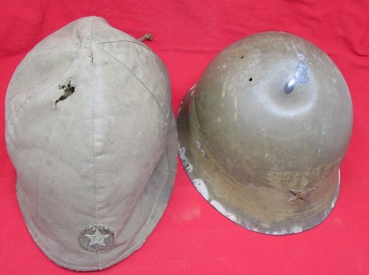  Japanese WWII Army Battle Damaged Helmet & Matching Cover, Same Spot — image 3