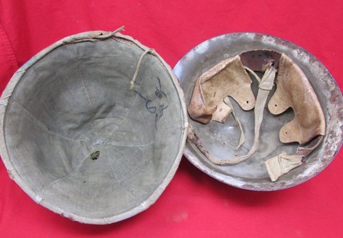  Japanese WWII Army Battle Damaged Helmet & Matching Cover, Same Spot — image 5