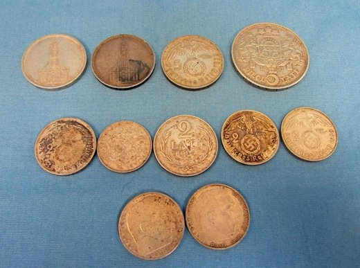  German WWII Era, Mixed Lot of 11 Coins, Silver Content — image 3