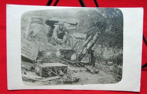  French WWI Soldier with Captured German Trench Mortar Post Card — image 2