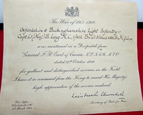  British WWI Oxfordshire Military Cross Grouping, 3 MID Certificates 1915-16-18 — image 3