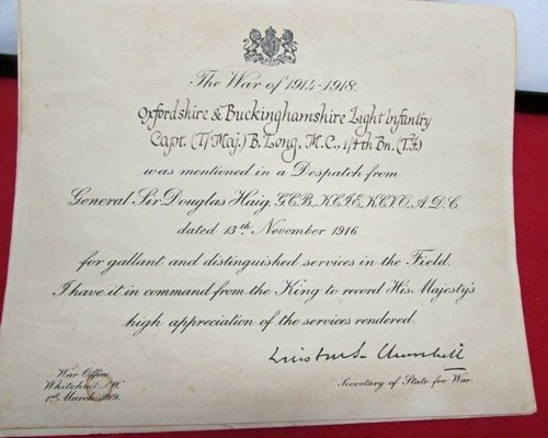  British WWI Oxfordshire Military Cross Grouping, 3 MID Certificates 1915-16-18 — image 4