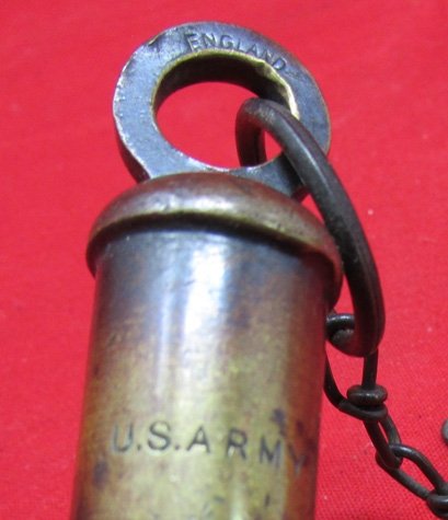 US WWI Army Brass Whistle and Chain, British Mfg — image 3