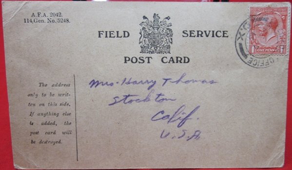  British WWI Field Service Postcard, Stockton California Address — image 2