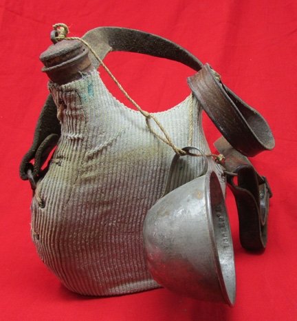  French WWI Canteen & Cup, Blue Corduroy Cover, Leather Strap — image 2