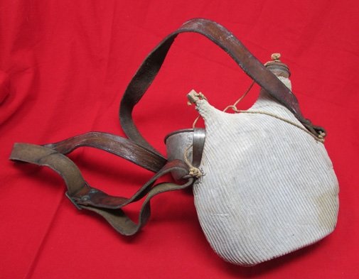  French WWI Canteen & Cup, Blue Corduroy Cover, Leather Strap — image 4