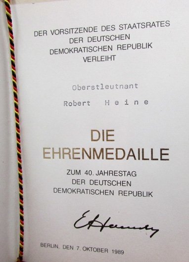  German East German, Cold War,  Ehrenmedaille Award Document, Colonel — image 4