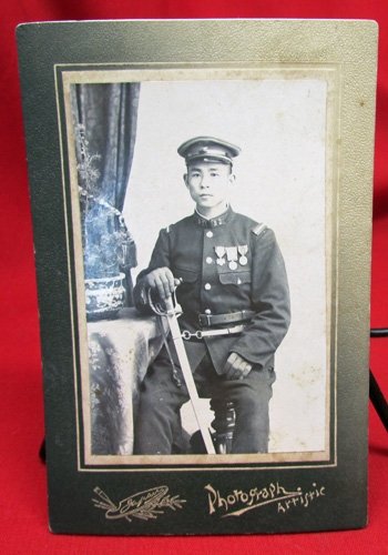  Japanese Early Taisho Era Soldier CDV, Armed, Three Medals — image 2