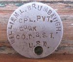US WWI Identity Tag, W.L. Brumbaugh, Cpl. 2Cook, Pre WWI …