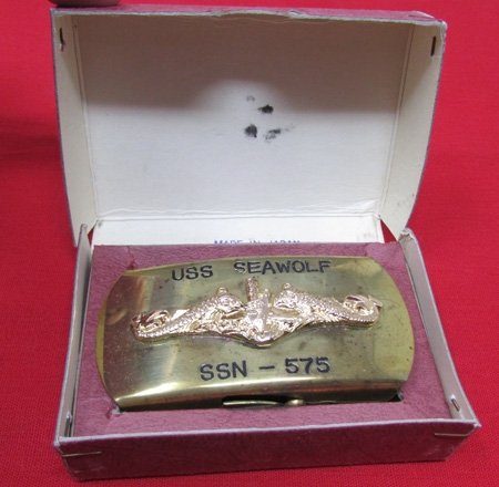  US Cold War Era, WWII Sub, USS Seawolf, Crew Souvenir Buckle and Original Box — image 2
