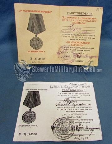  Soviet WWII Award Document , Liberation of Warsaw Medal — image 2