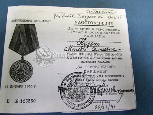  Soviet WWII Award Document , Liberation of Warsaw Medal — image 4